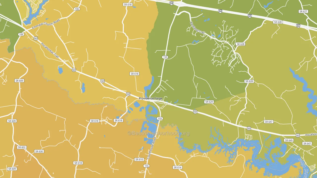 Map of the best neighborhoods in the 23140 area, with better matches in green and worse matches in red