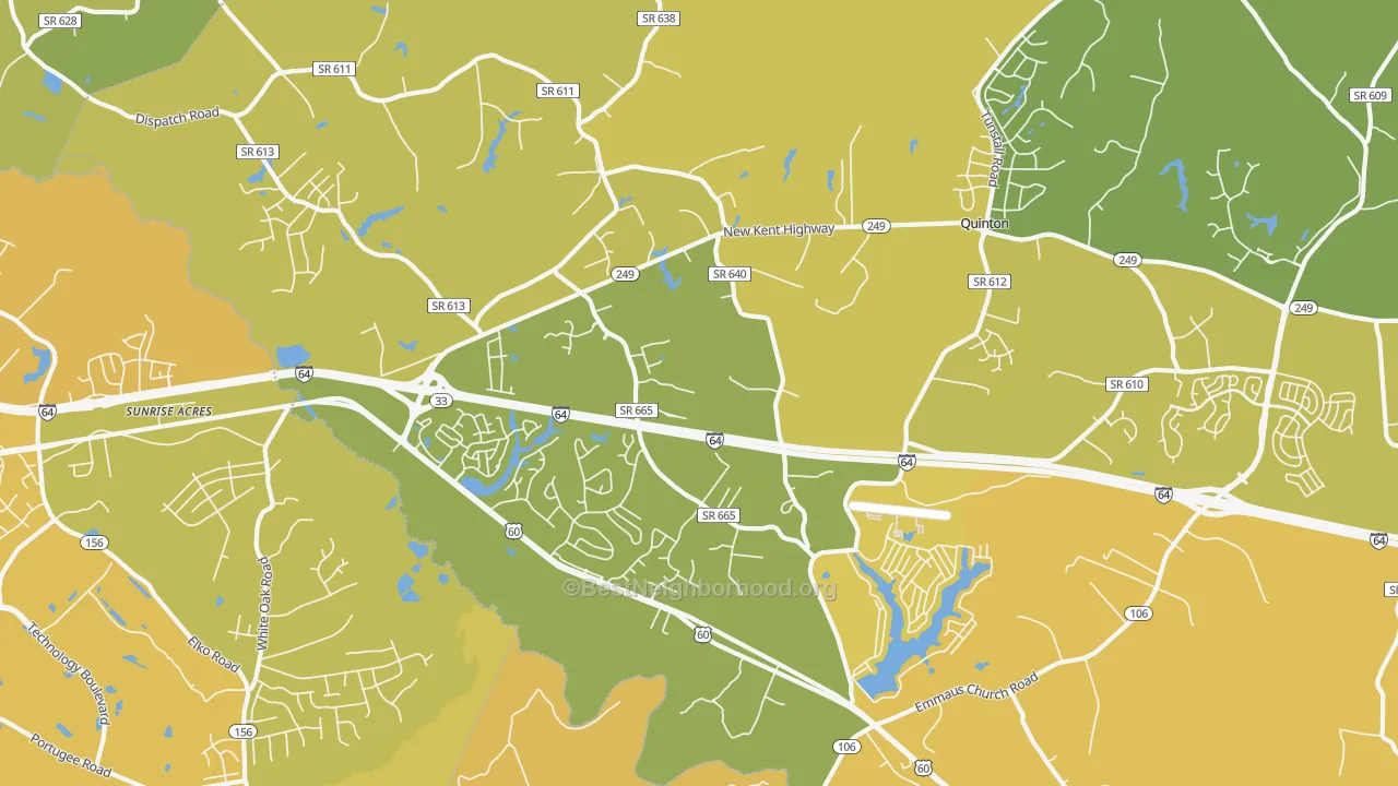 Map of the best neighborhoods in the 23141 area, with better matches in green and worse matches in red