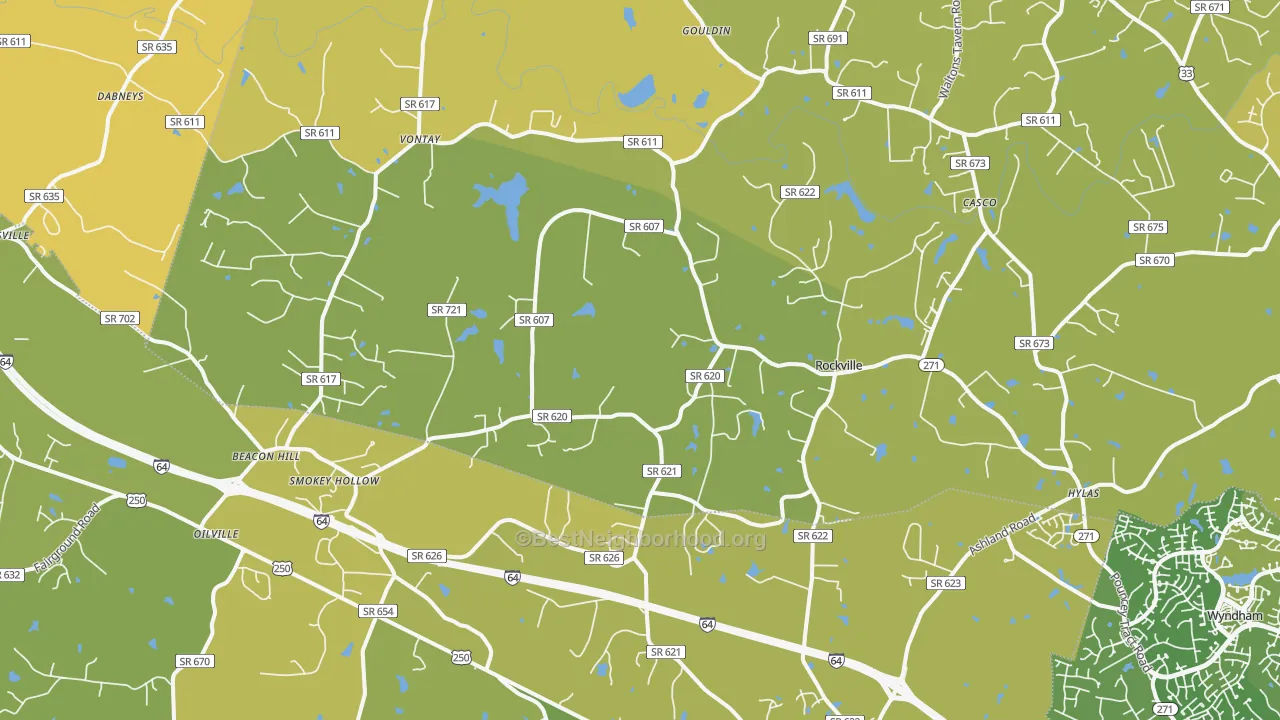 Map of the best neighborhoods in the 23146 area, with better matches in green and worse matches in red