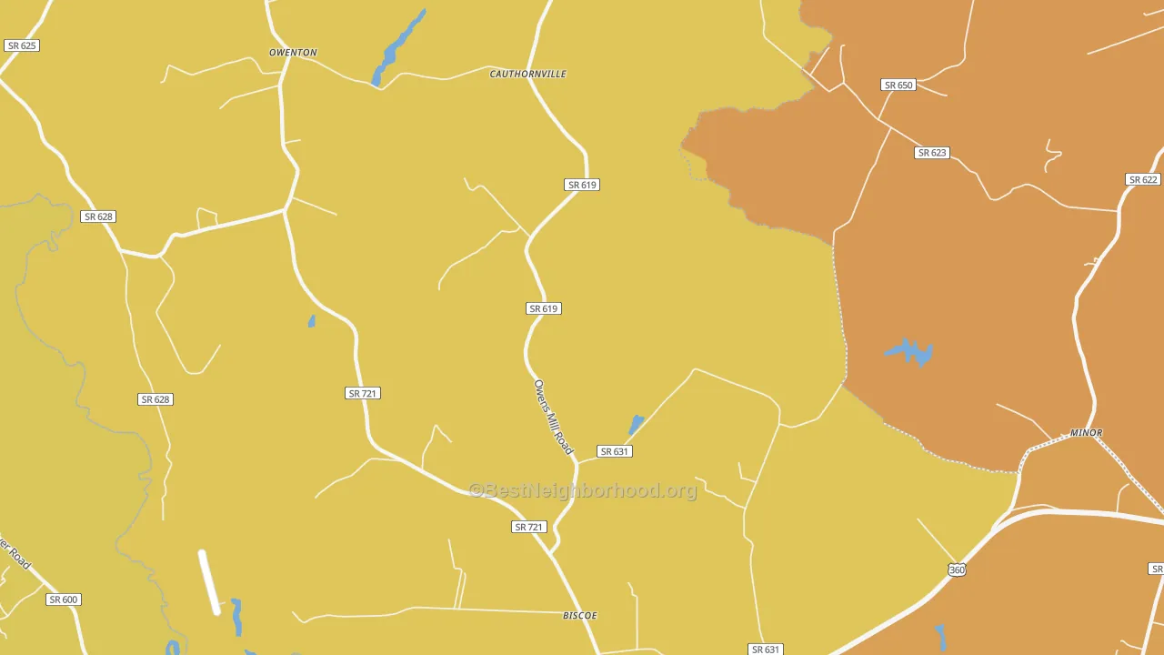 Map of the best neighborhoods in the 23148 area, with better matches in green and worse matches in red