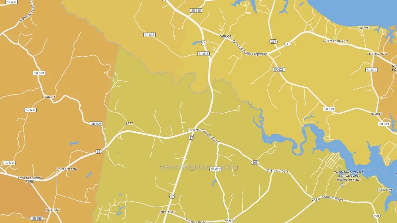 Map of the best neighborhoods in the 23149 area, with better matches in green and worse matches in red
