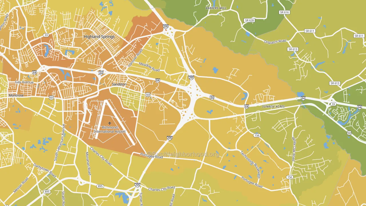 Map of the best neighborhoods in the 23150 area, with better matches in green and worse matches in red