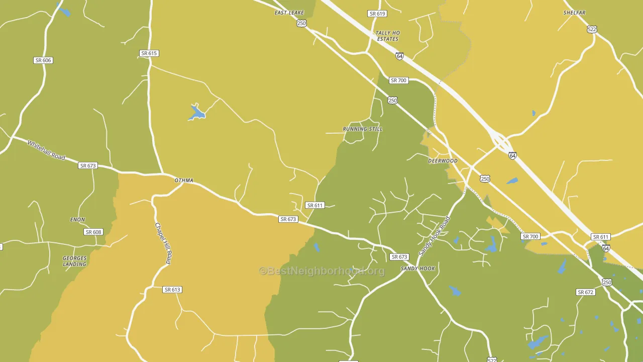 Map of the best neighborhoods in the 23153 area, with better matches in green and worse matches in red