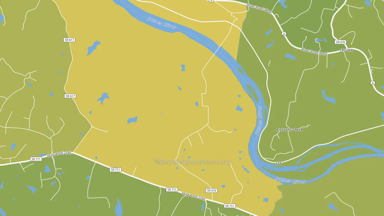 Map of the best neighborhoods in the 23160 area, with better matches in green and worse matches in red