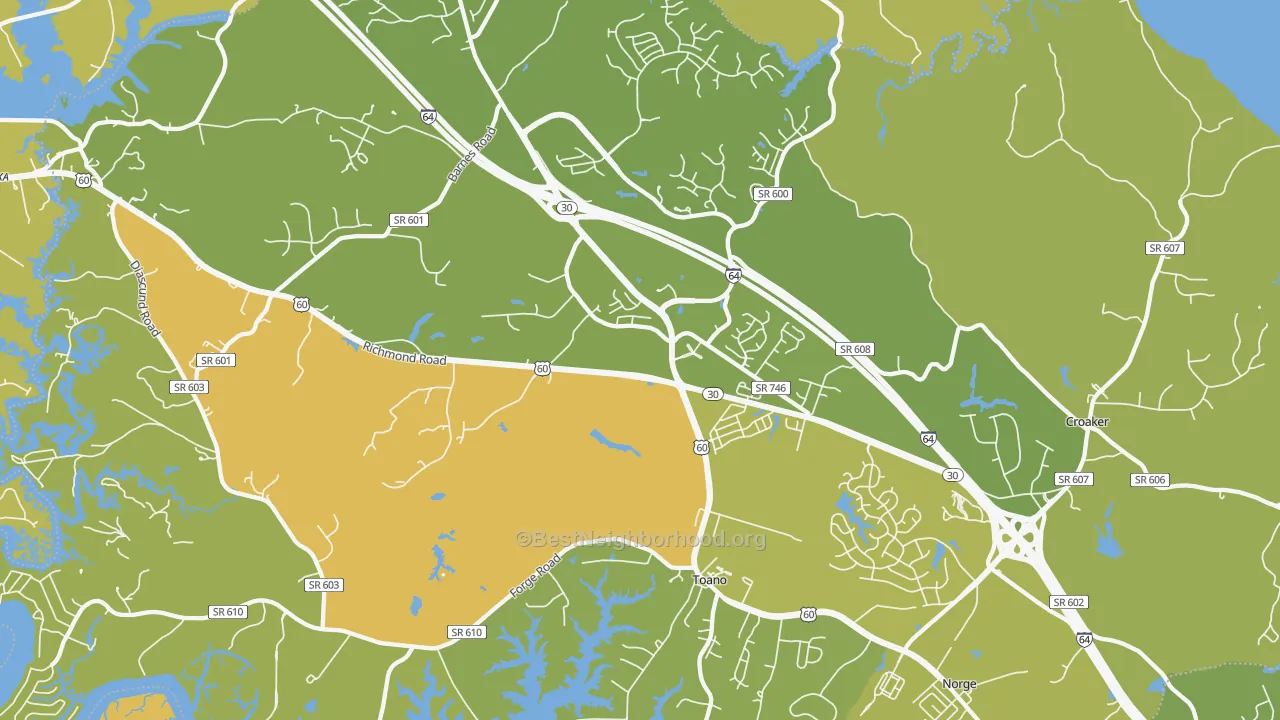 Map of the best neighborhoods in the 23168 area, with better matches in green and worse matches in red