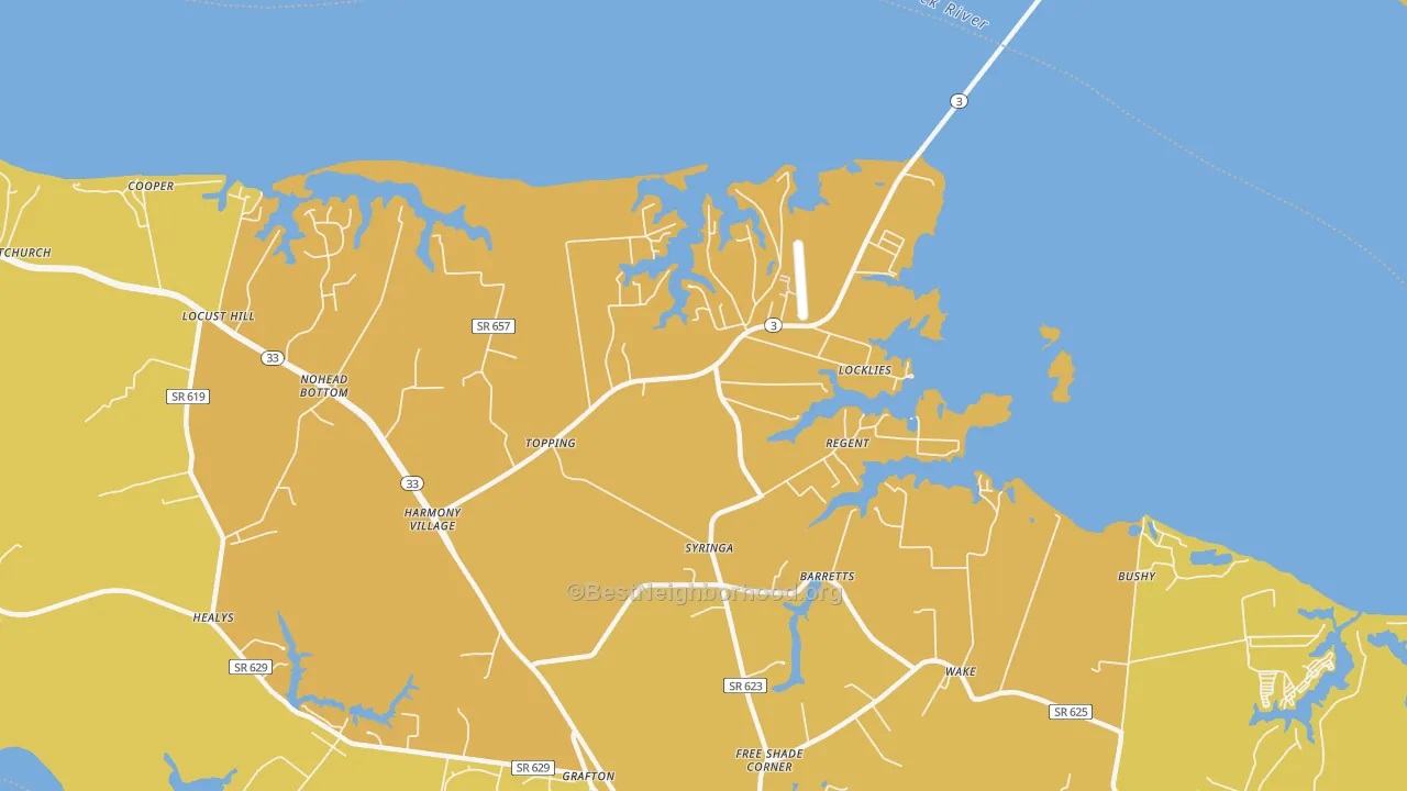 Map of the best neighborhoods in the 23169 area, with better matches in green and worse matches in red