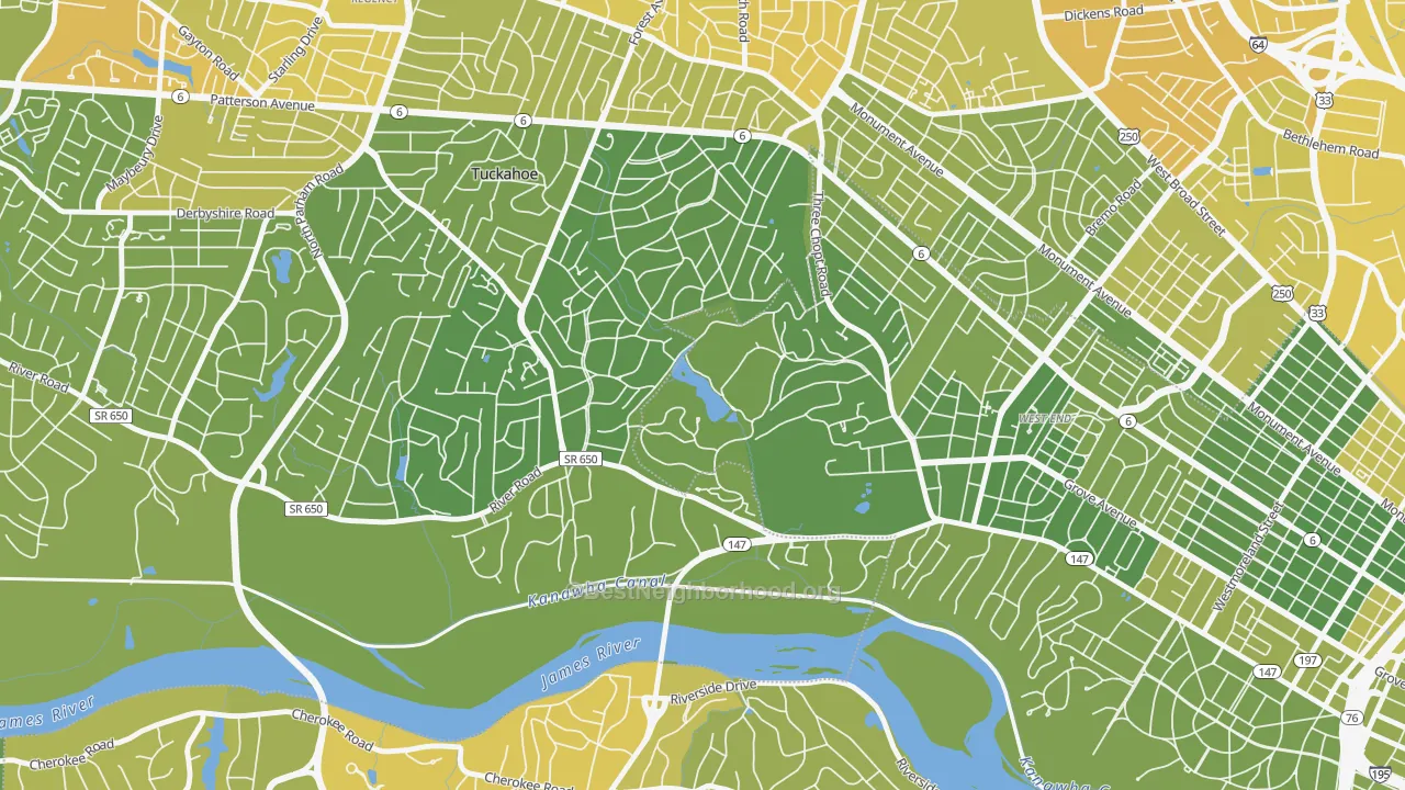 Map of the best neighborhoods in the 23173 area, with better matches in green and worse matches in red