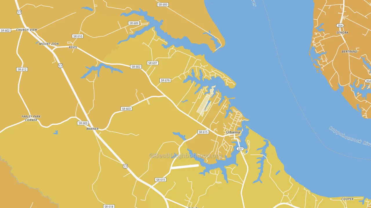 Map of the best neighborhoods in the 23175 area, with better matches in green and worse matches in red