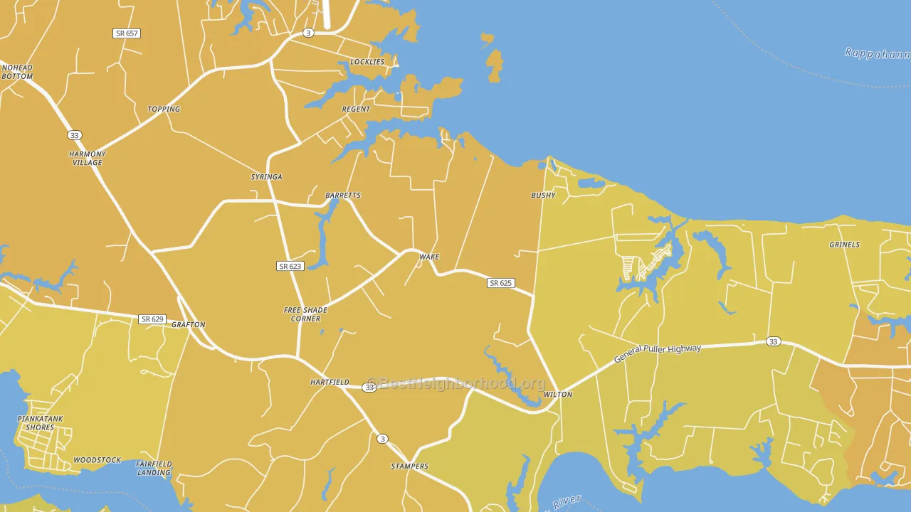 Map of the best neighborhoods in the 23176 area, with better matches in green and worse matches in red