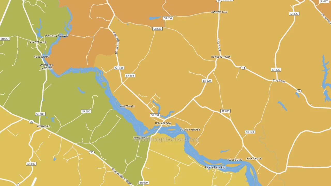 Map of the best neighborhoods in the 23177 area, with better matches in green and worse matches in red