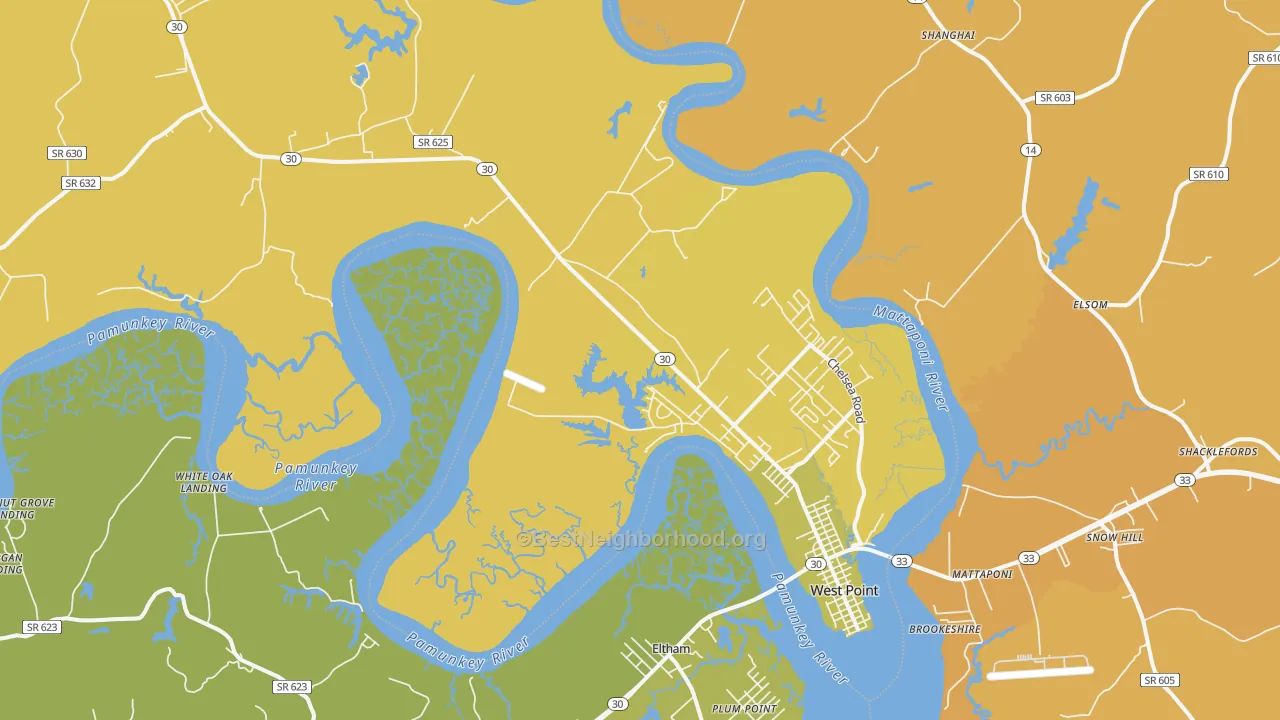Map of the best neighborhoods in the 23181 area, with better matches in green and worse matches in red