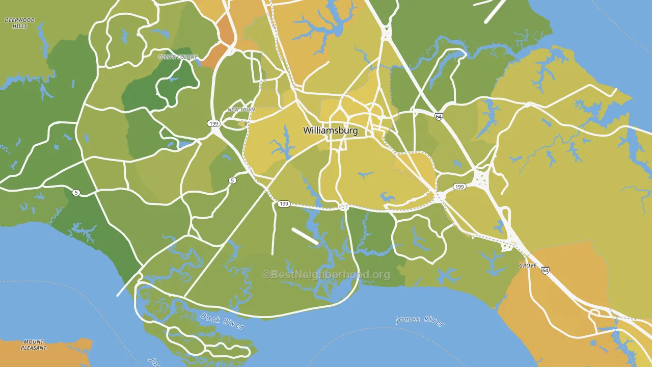 Map of the best neighborhoods in the 23185 area, with better matches in green and worse matches in red