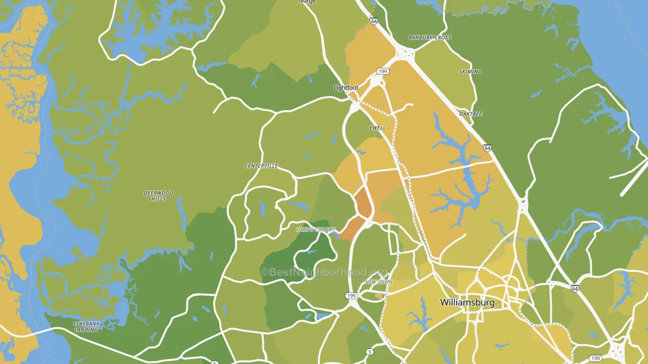 Map of the best neighborhoods in the 23188 area, with better matches in green and worse matches in red