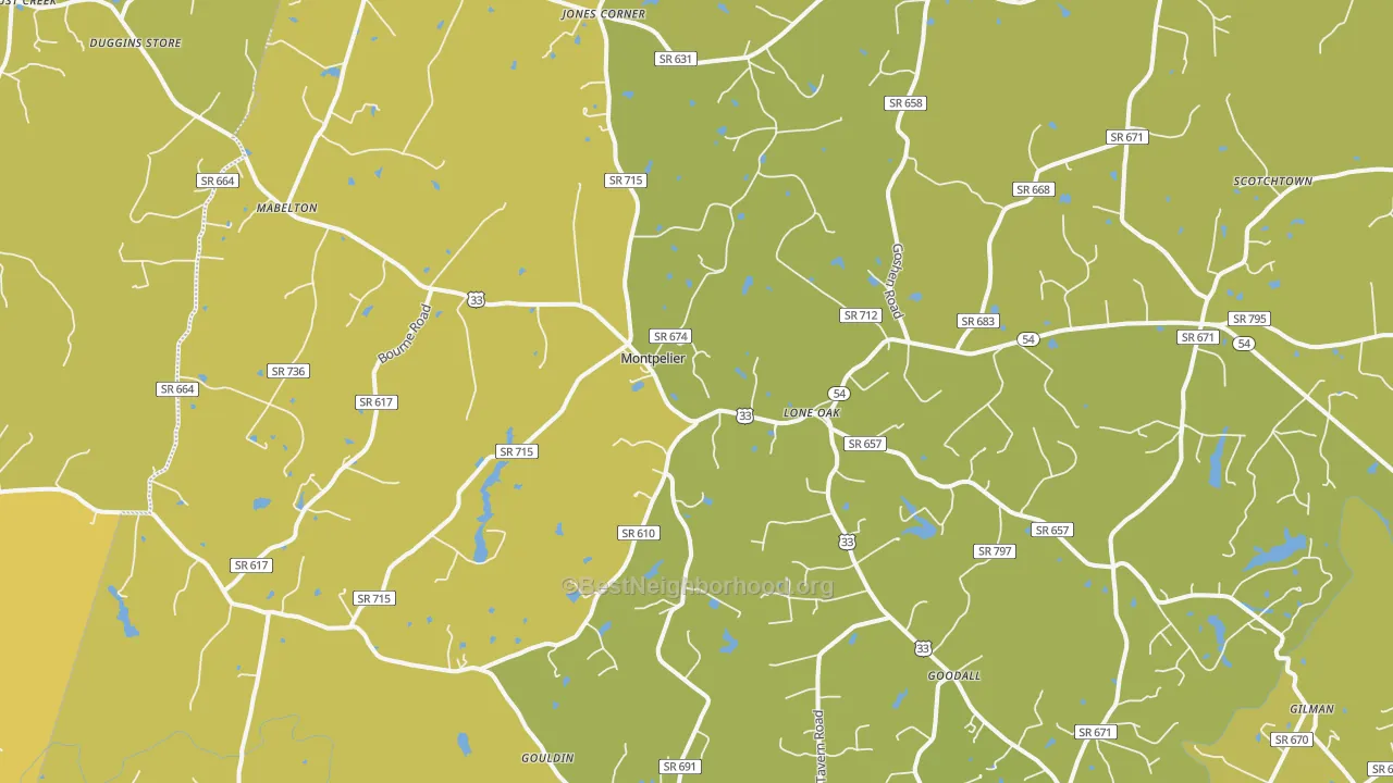 Map of the best neighborhoods in the 23192 area, with better matches in green and worse matches in red