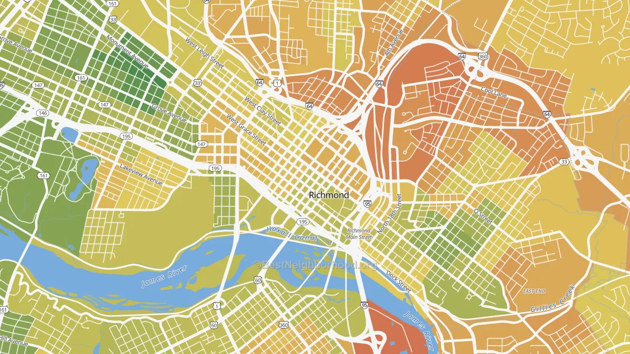 Map of the best neighborhoods in the 23219 area, with better matches in green and worse matches in red