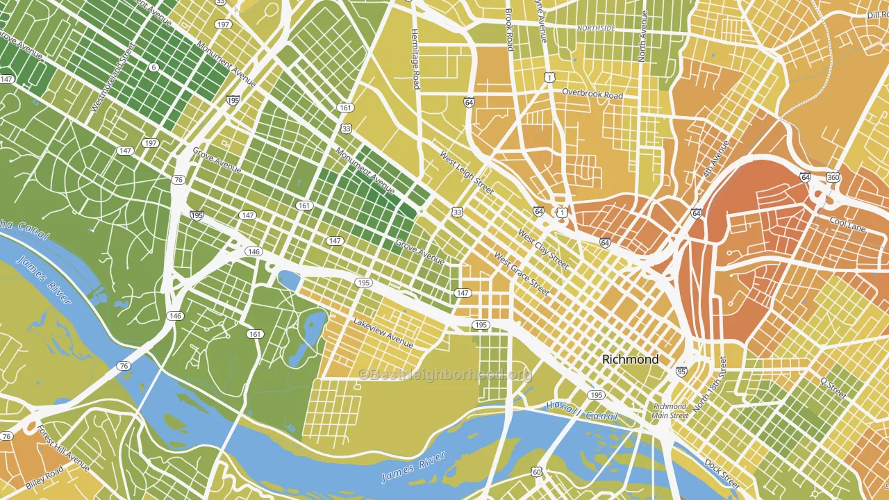 Map of the best neighborhoods in the 23220 area, with better matches in green and worse matches in red
