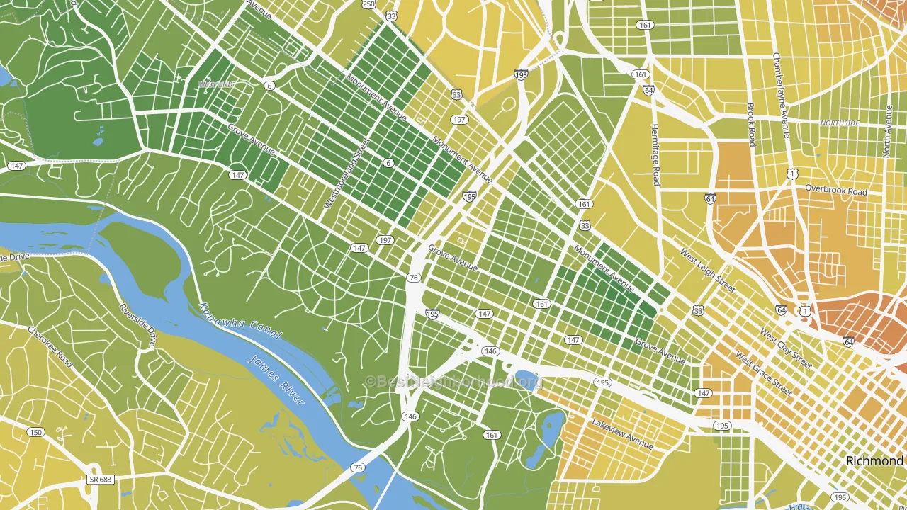 Map of the best neighborhoods in the 23221 area, with better matches in green and worse matches in red