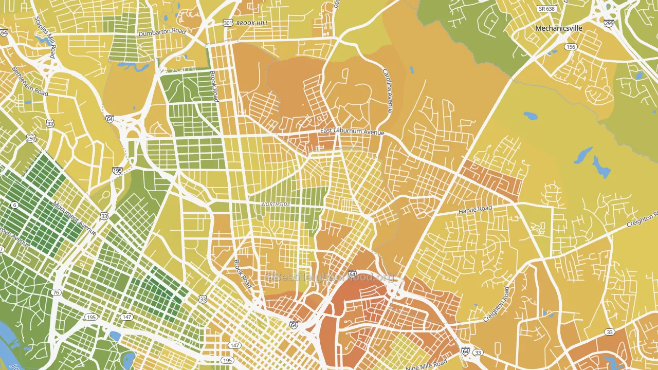Map of the best neighborhoods in the 23222 area, with better matches in green and worse matches in red