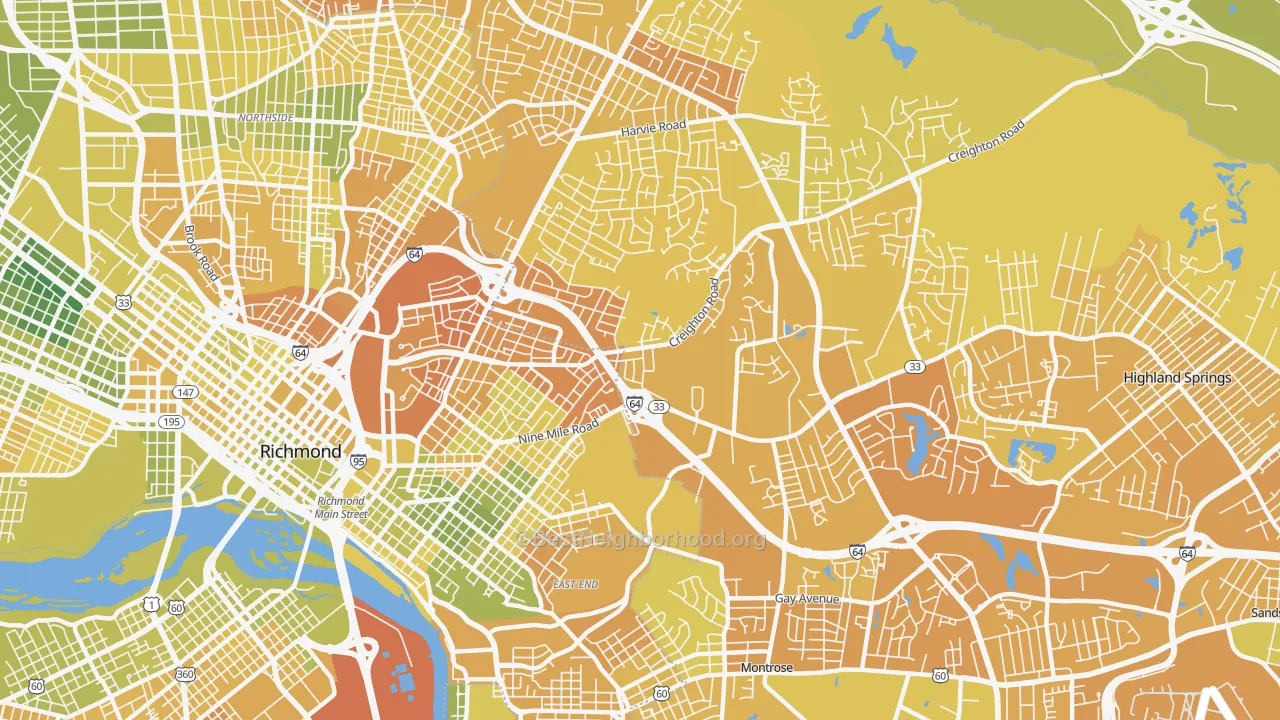 Map of the best neighborhoods in the 23223 area, with better matches in green and worse matches in red