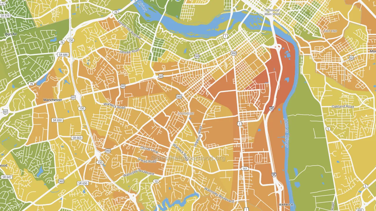 Map of the best neighborhoods in the 23224 area, with better matches in green and worse matches in red