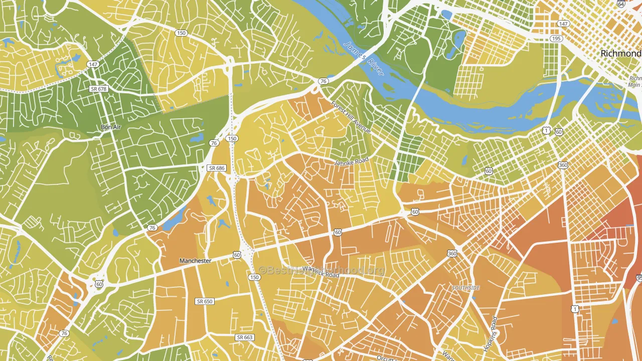 Map of the best neighborhoods in the 23225 area, with better matches in green and worse matches in red