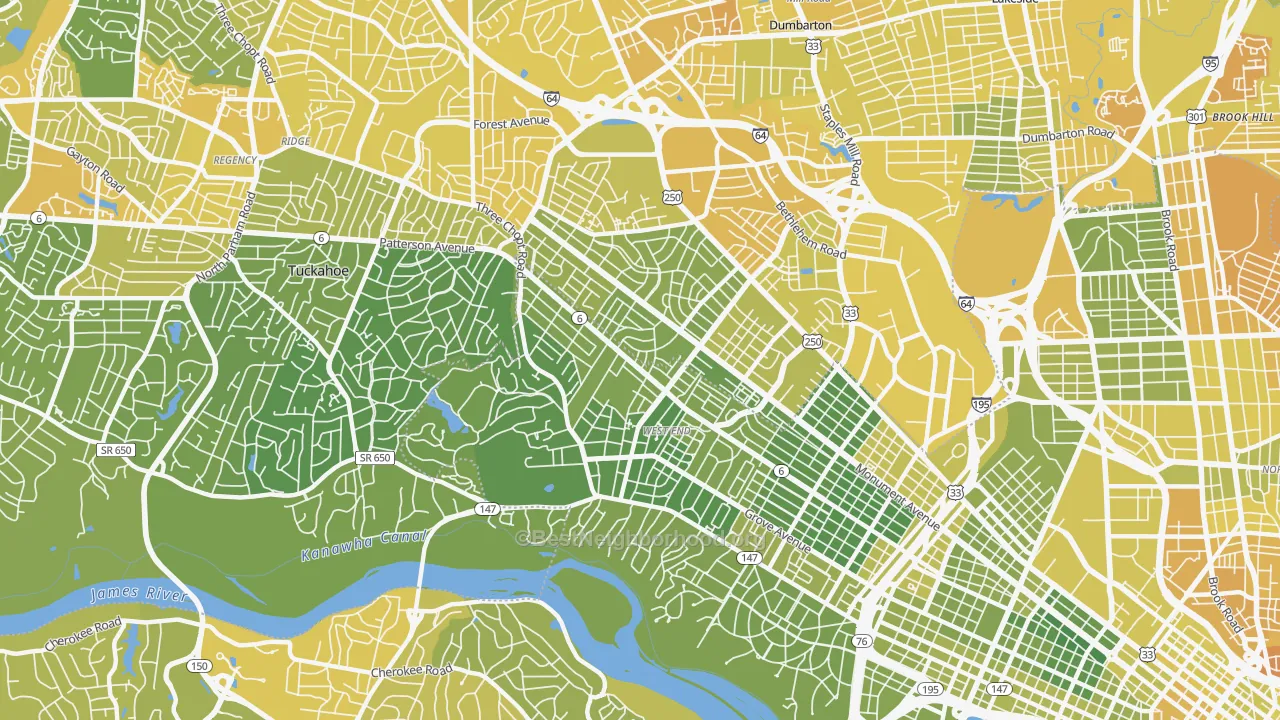 Map of the best neighborhoods in the 23226 area, with better matches in green and worse matches in red