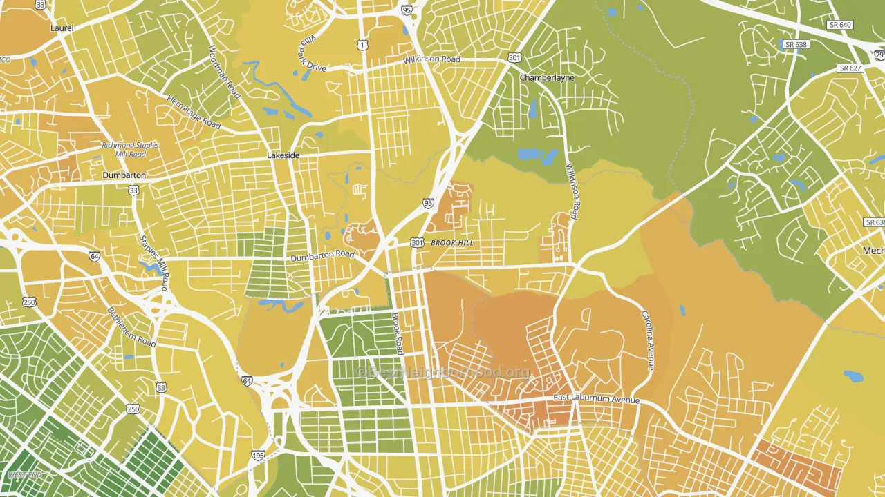 Map of the best neighborhoods in the 23227 area, with better matches in green and worse matches in red