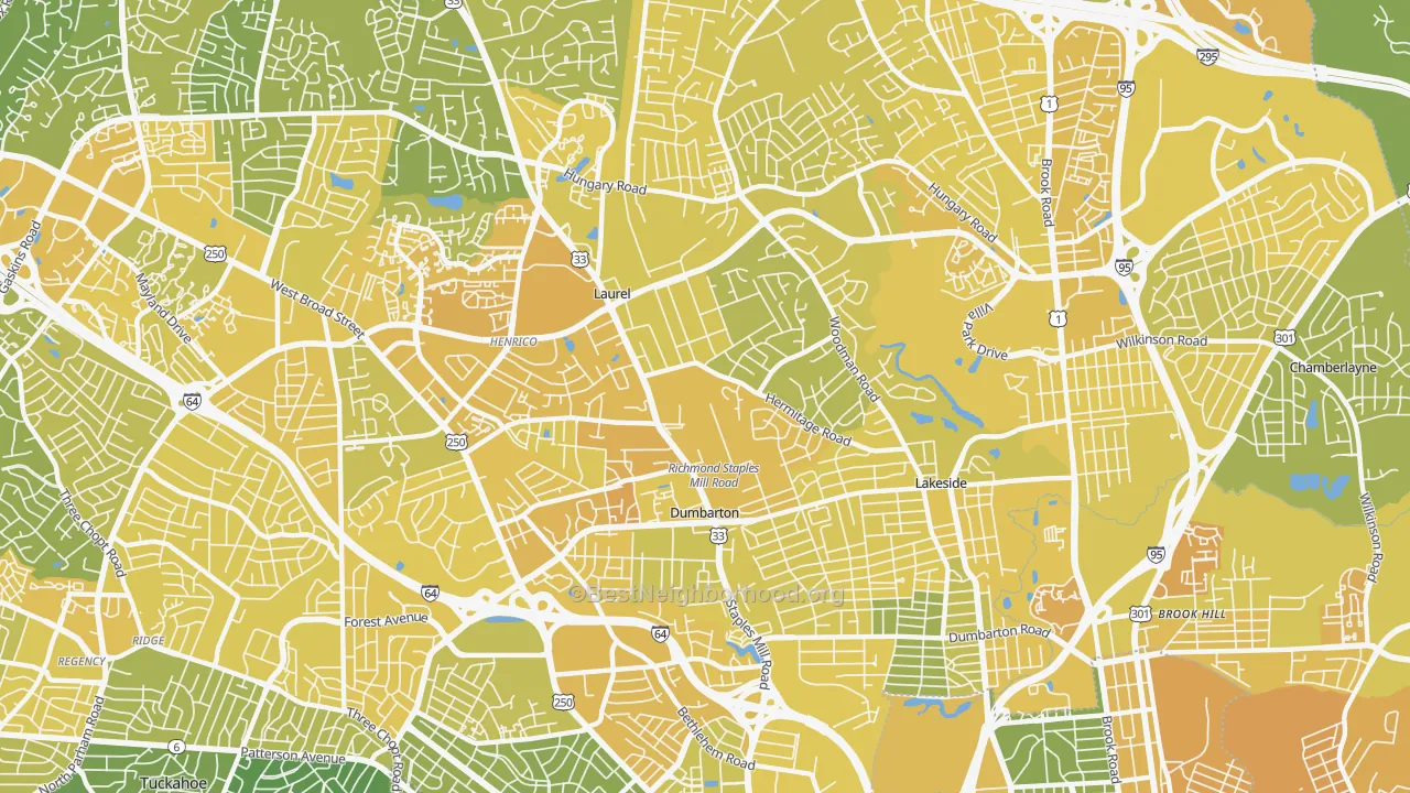Map of the best neighborhoods in the 23228 area, with better matches in green and worse matches in red