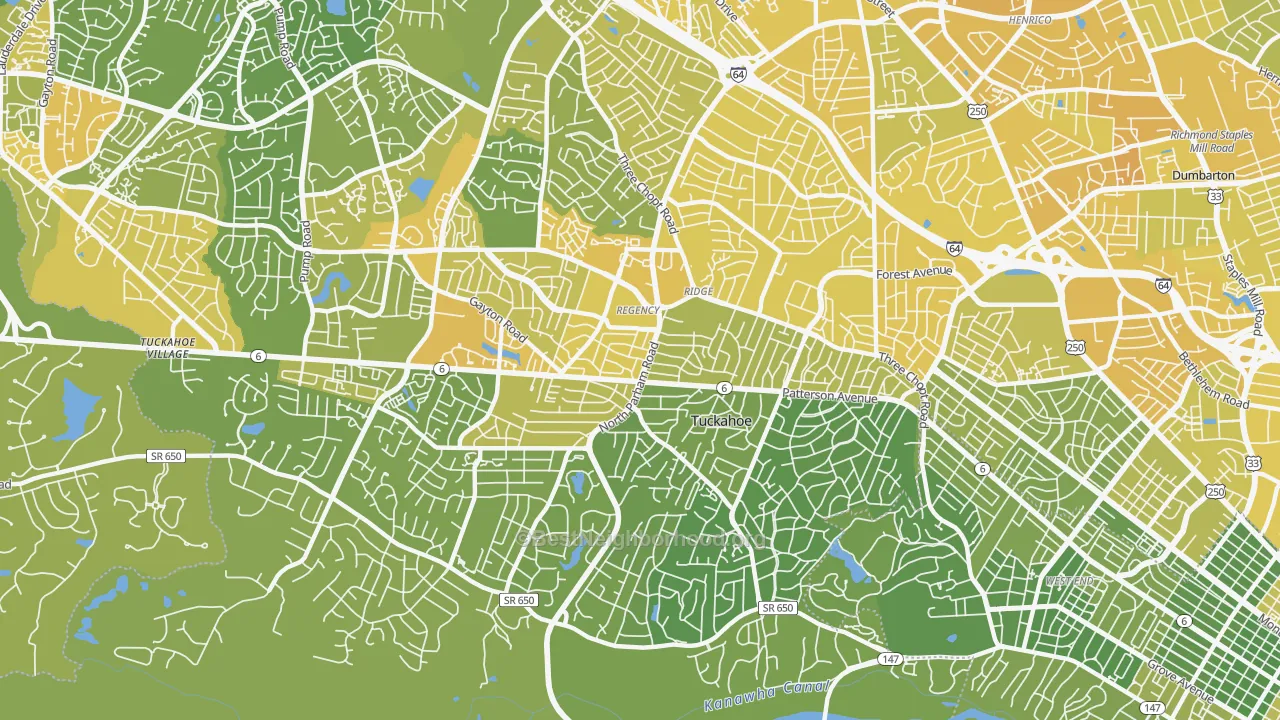 Map of the best neighborhoods in the 23229 area, with better matches in green and worse matches in red