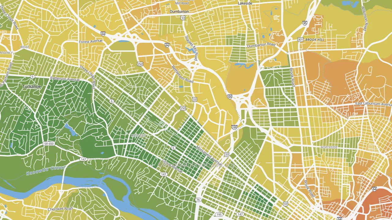 Map of the best neighborhoods in the 23230 area, with better matches in green and worse matches in red