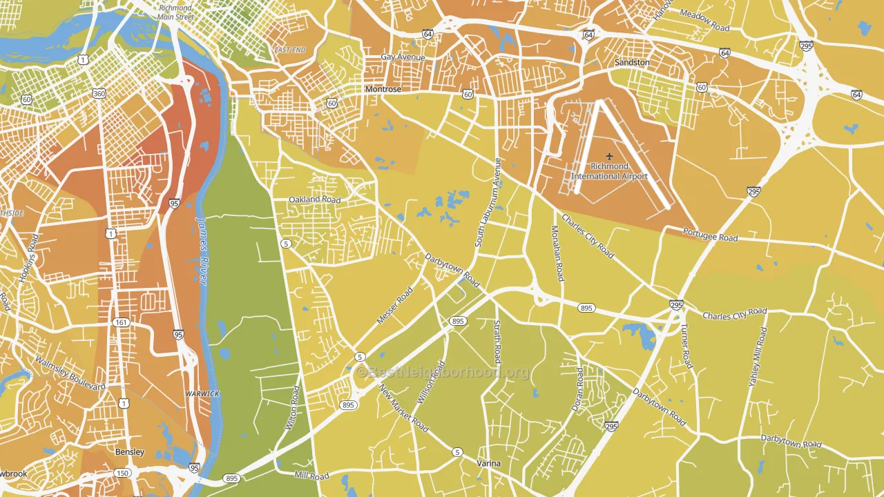 Map of the best neighborhoods in the 23231 area, with better matches in green and worse matches in red