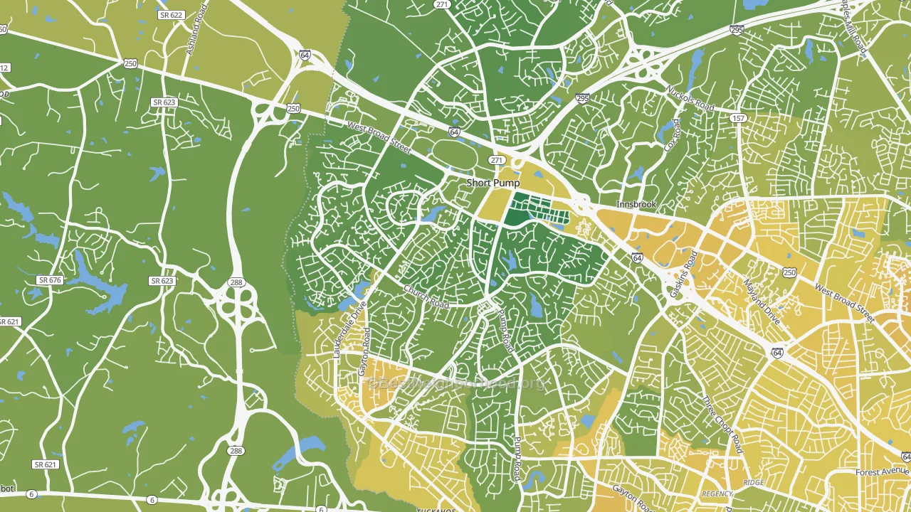 Map of the best neighborhoods in the 23233 area, with better matches in green and worse matches in red