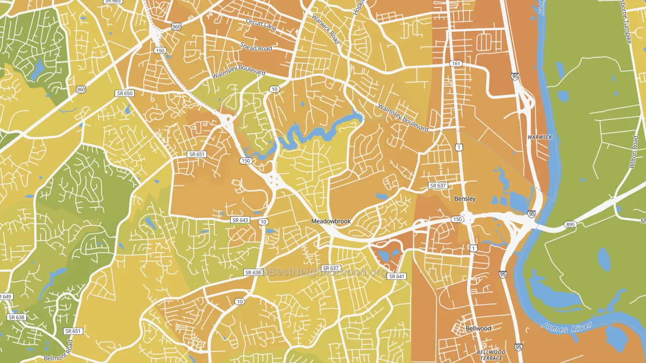 Map of the best neighborhoods in the 23234 area, with better matches in green and worse matches in red