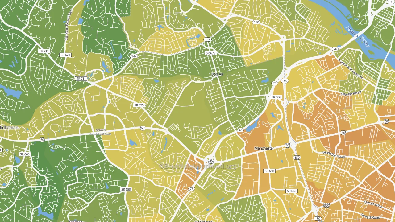 Map of the best neighborhoods in the 23235 area, with better matches in green and worse matches in red
