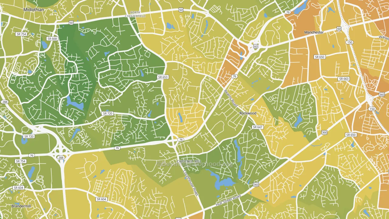 Map of the best neighborhoods in the 23236 area, with better matches in green and worse matches in red