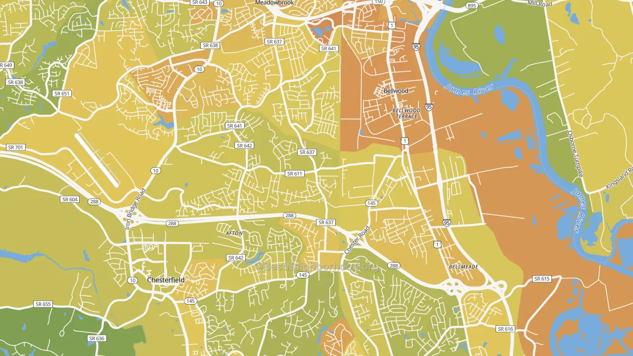 Map of the best neighborhoods in the 23237 area, with better matches in green and worse matches in red