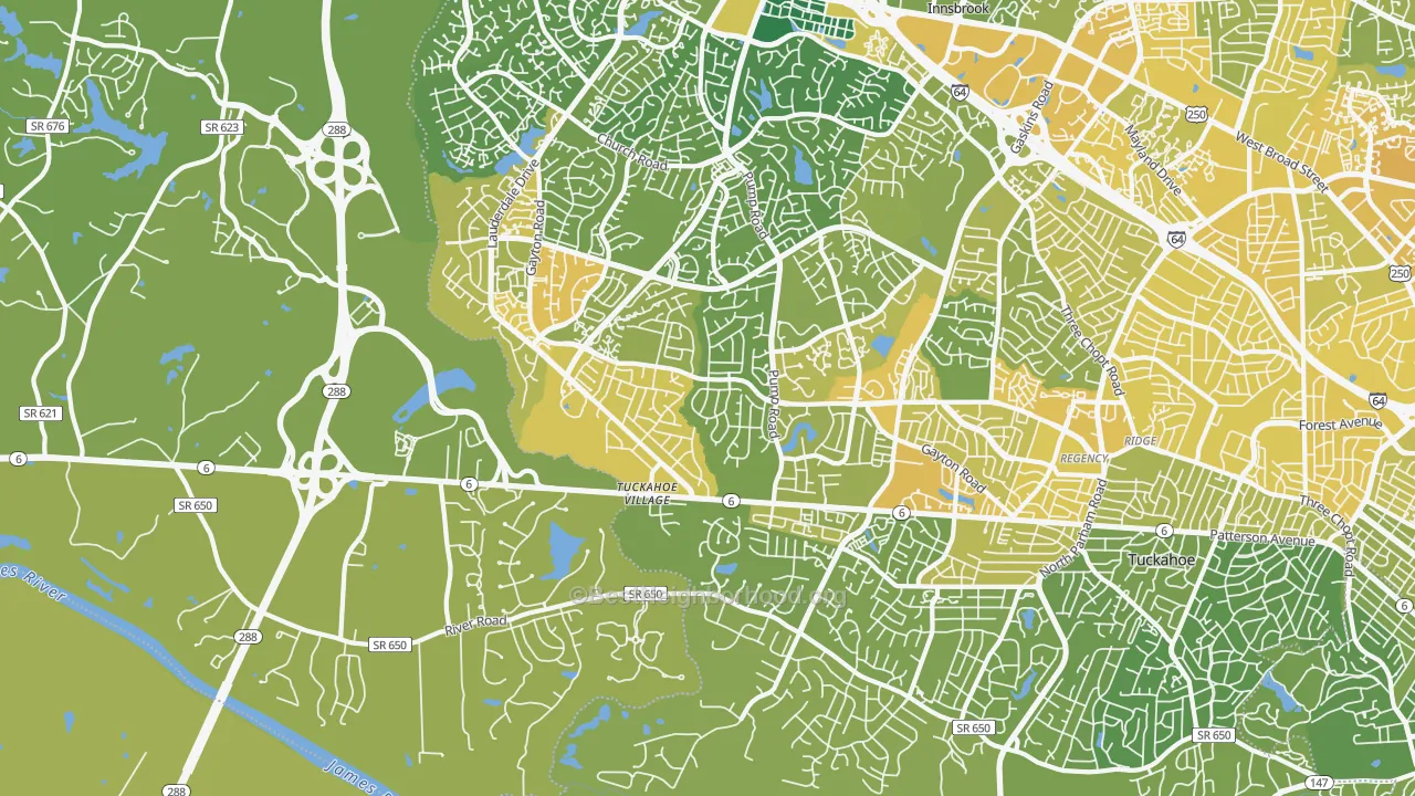 Map of the best neighborhoods in the 23238 area, with better matches in green and worse matches in red