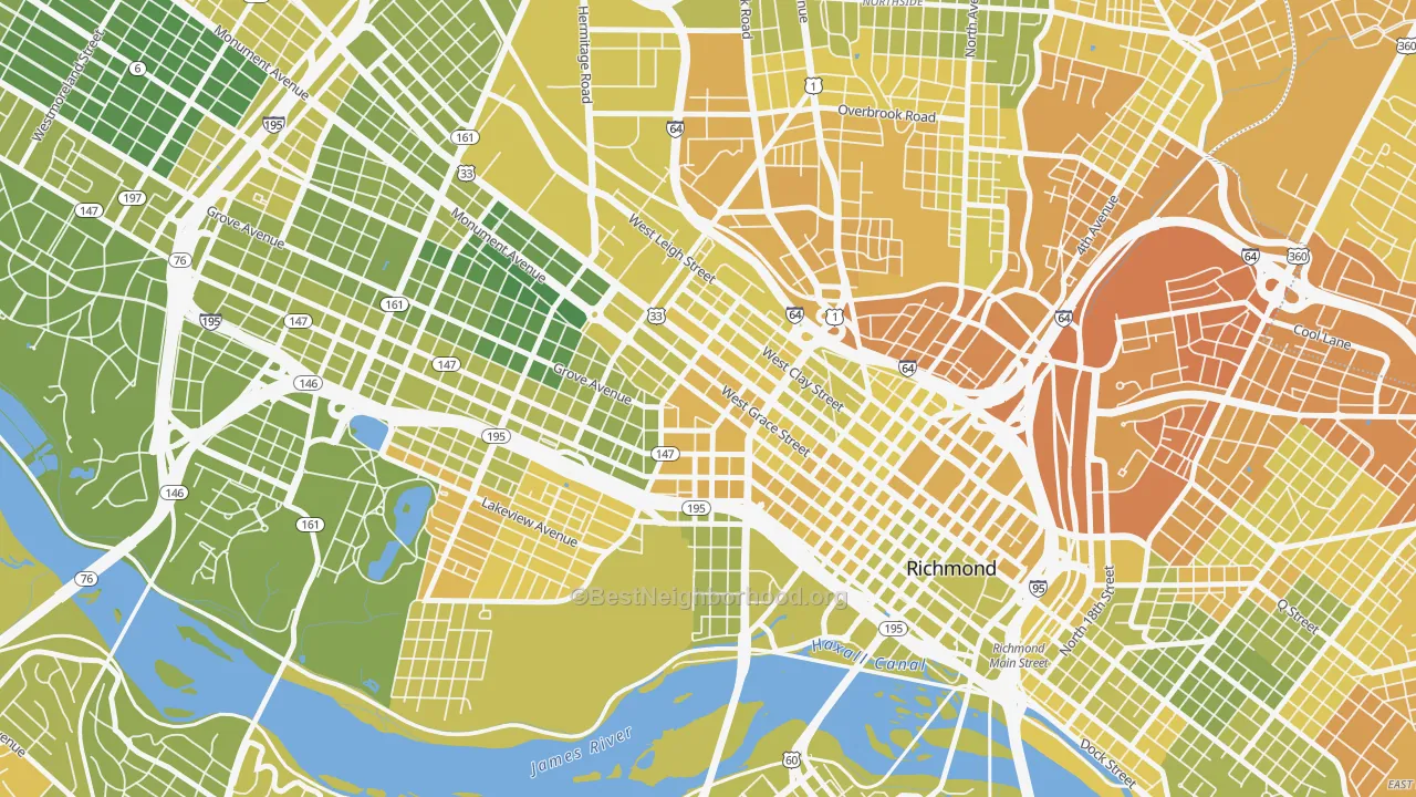 Map of the best neighborhoods in the 23284 area, with better matches in green and worse matches in red