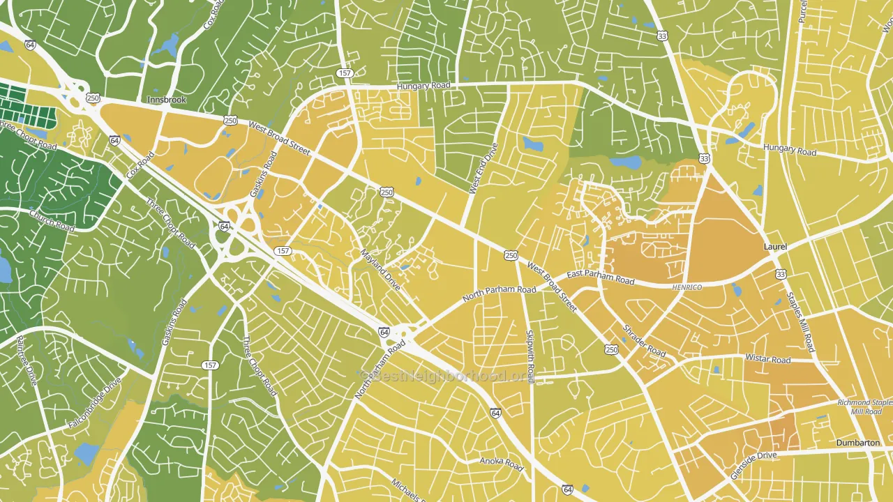 Map of the best neighborhoods in the 23294 area, with better matches in green and worse matches in red