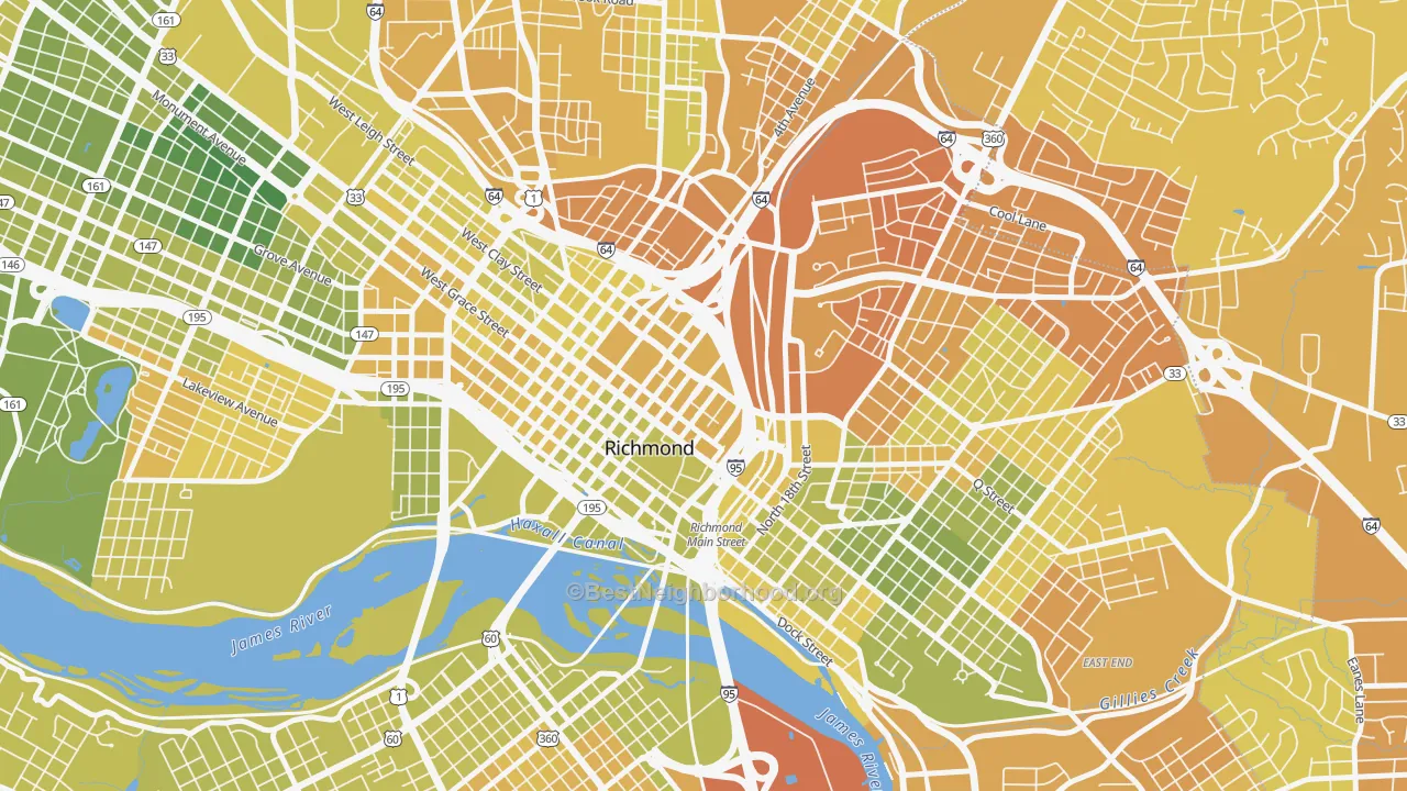 Map of the best neighborhoods in the 23298 area, with better matches in green and worse matches in red