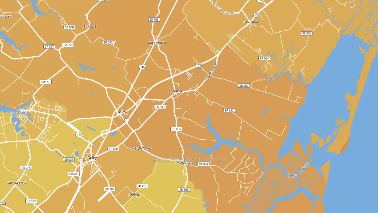 Map of the best neighborhoods in the 23301 area, with better matches in green and worse matches in red