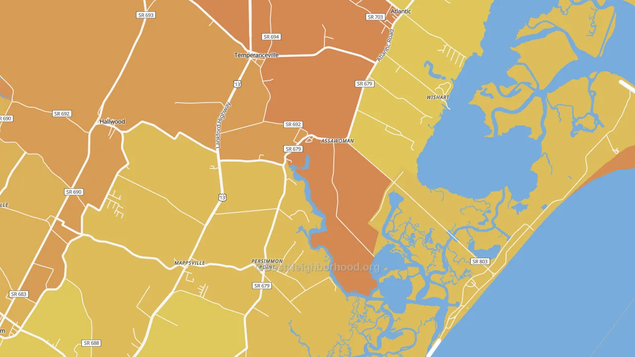 Map of the best neighborhoods in the 23302 area, with better matches in green and worse matches in red