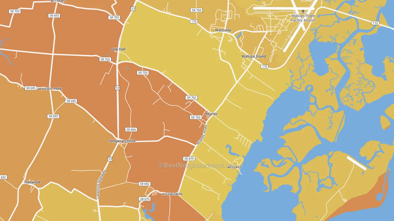 Map of the best neighborhoods in the 23303 area, with better matches in green and worse matches in red