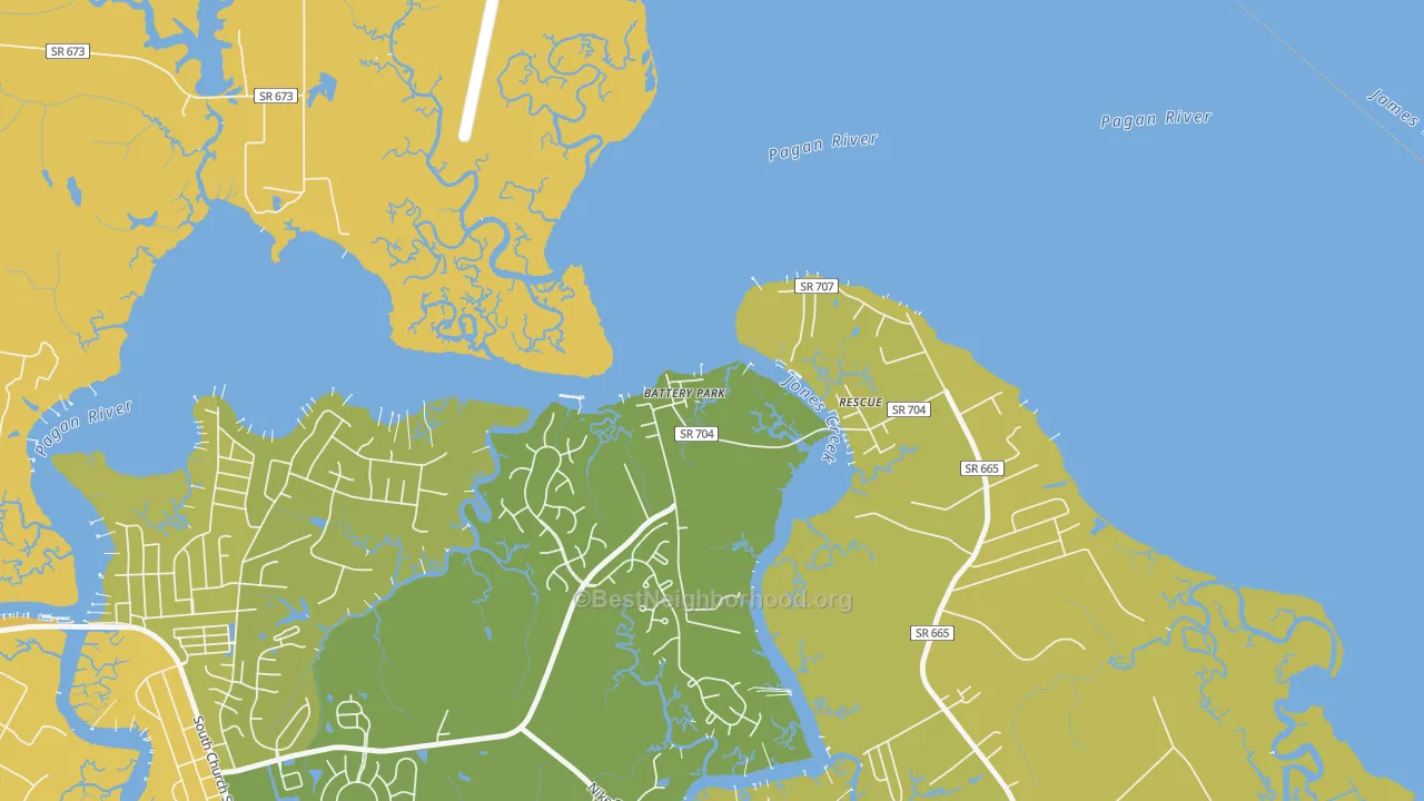 Map of the best neighborhoods in the 23304 area, with better matches in green and worse matches in red