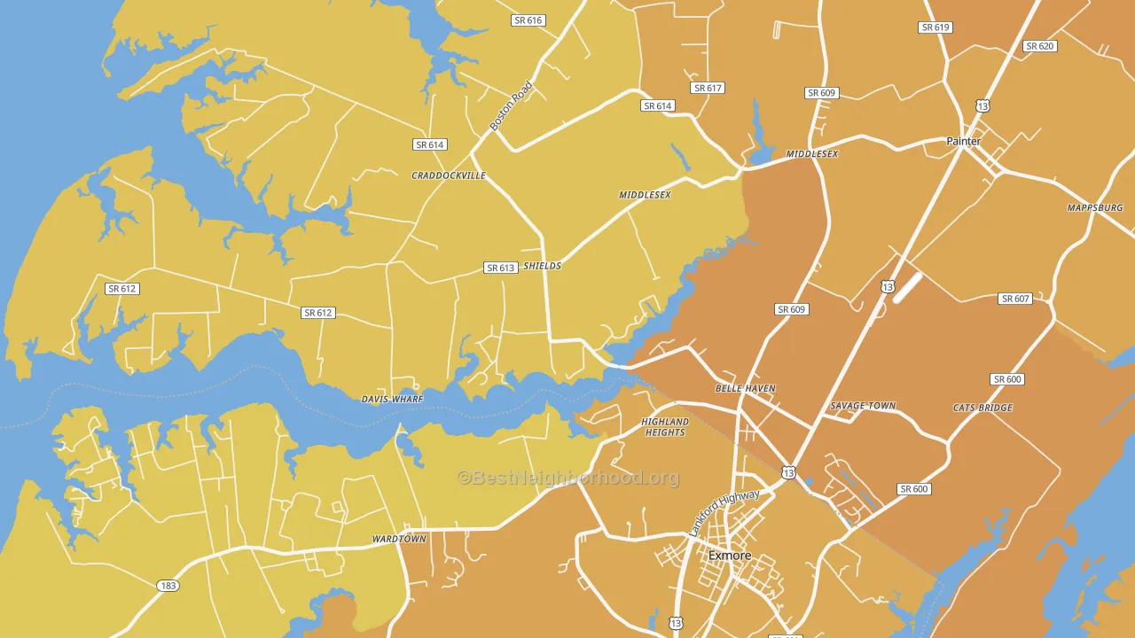 Map of the best neighborhoods in the 23306 area, with better matches in green and worse matches in red