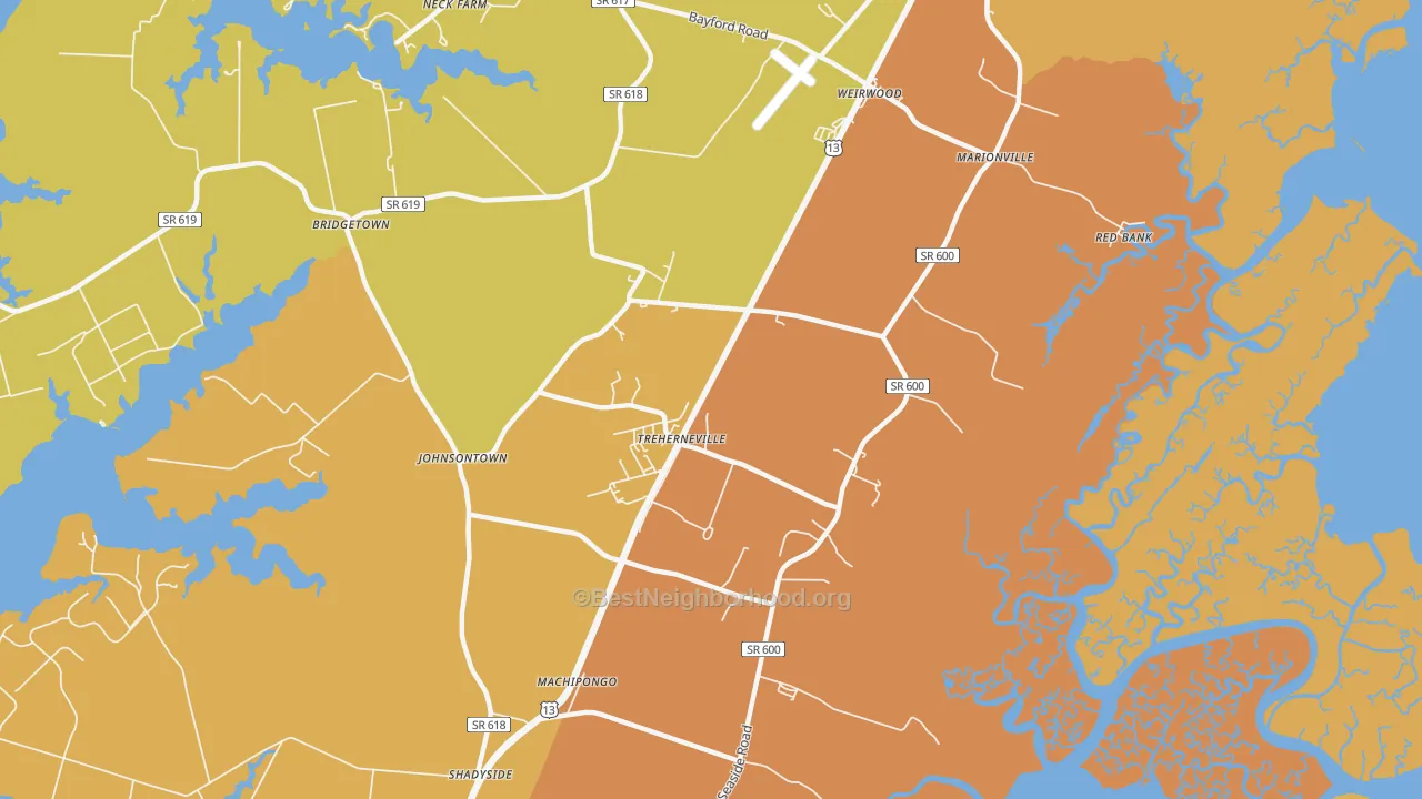 Map of the best neighborhoods in the 23307 area, with better matches in green and worse matches in red