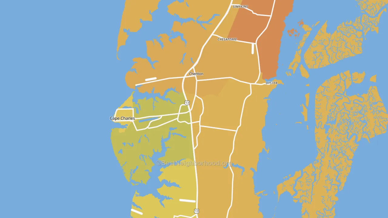 Map of the best neighborhoods in the 23310 area, with better matches in green and worse matches in red