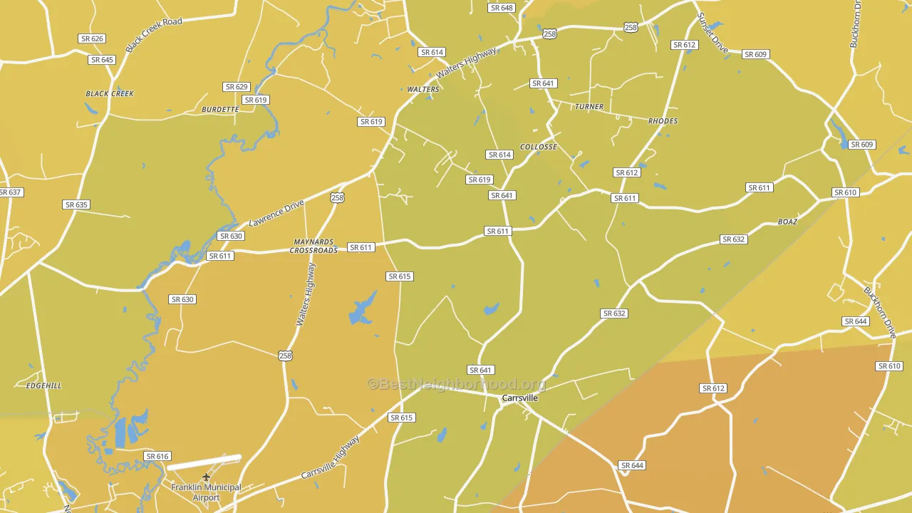 Map of the best neighborhoods in the 23315 area, with better matches in green and worse matches in red
