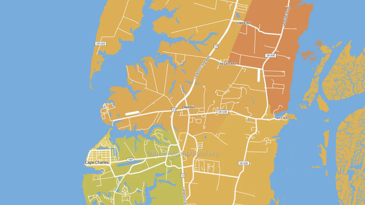 Map of the best neighborhoods in the 23316 area, with better matches in green and worse matches in red