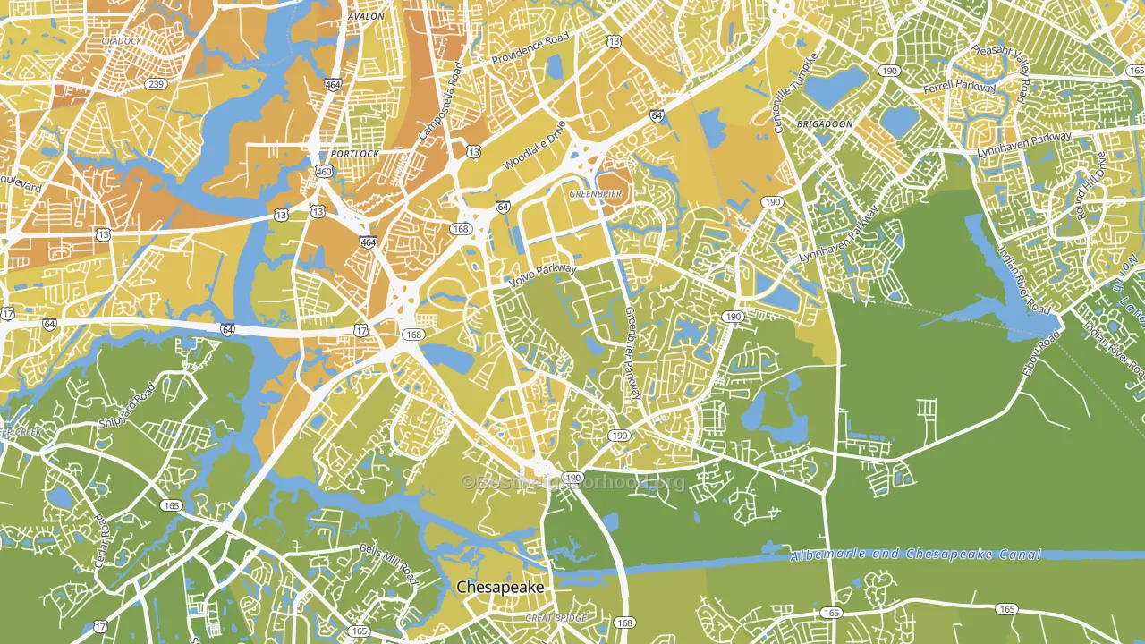 Map of the best neighborhoods in the 23320 area, with better matches in green and worse matches in red